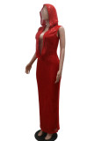 Rode sexy effen patchwork doorzichtige lange jurken met V-hals zonder rug