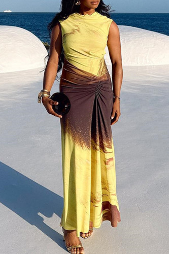 Желтые длинные платья с круглым вырезом и принтом в стиле пэчворк