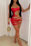 Красные сексуальные сладкие блестки в стиле пэчворк, прозрачная сетка, обернутая юбка с круглым вырезом, платья