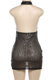 Черные сексуальные однотонные выдолбленные лоскутные пуговицы с прозрачной спинкой и воротником-стойкой, завернутые юбки, платья
