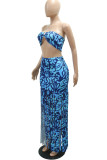 Blue Casual Print Tassel Hollowed Out Patchwork Strapless Two Pieces