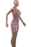 Розовые сексуальные однотонные лоскутные платья с юбкой и лямкой на шее