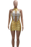 Ouro sexy sólido retalhos transparente malha o pescoço vestidos de saia enrolada