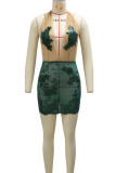 アプリコットのセクシーなソリッド刺繍パッチワークシースルーVネックラップスカートドレス
