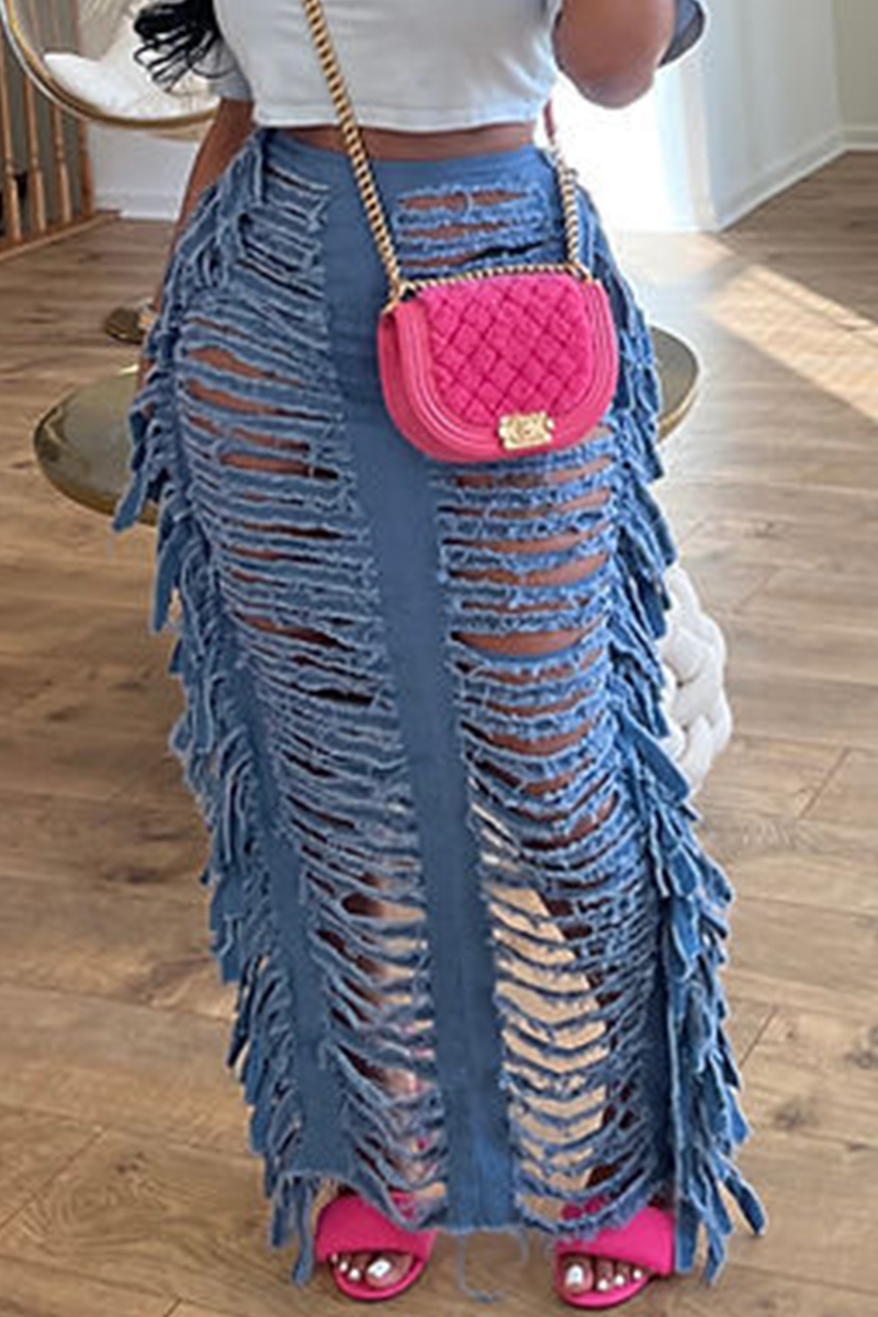 Street Solid Tassel Ripped High Waist Wide Leg Bottoms(4 Colors)
