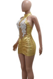 Ouro sexy sólido retalhos transparente malha o pescoço vestidos de saia enrolada