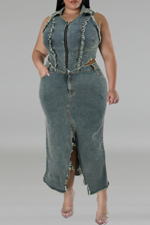 Blue Celebrities Solid Tassel Patchwork Pocket Slit Zipper Turndown Collar Plus Size Two Pieces