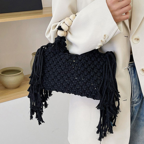 Black Daily Striped Patchwork Solid Tassel Patchwork Zipper Weave Bags