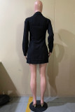 Black Casual Solid Slit Shirt Collar Long Sleeve Dresses