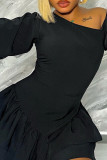 Schwarze Street Solid Patchwork-Kleider mit schrägem Kragen und langen Ärmeln