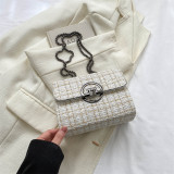 ホワイトブラックセレブエレガントチェック柄メタルアクセサリー装飾コントラスト織りバッグ