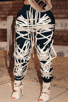 Pantalones de patchwork de lápiz de cintura media ajustados con tiras cruzadas y bolsillo con cordón de dibujo callejero gris - Gris