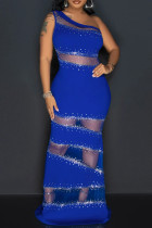 Blauwe sexy effen patchwork doorzichtige lange jurken met schuine kraag