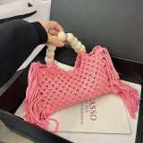 Cream White Daily Striped Patchwork Solid Tassel Patchwork Zipper Weave Bags