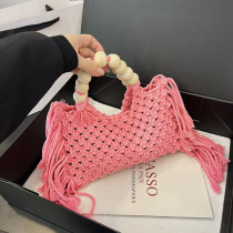ピンク デイリー ストライプ パッチワーク ソリッド タッセル パッチワーク ジッパー織りバッグ