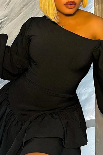 Vestidos de manga larga con cuello oblicuo de patchwork liso negro callejero