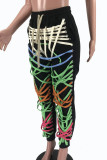 Schwarze Street Patchwork-Bleistift-Patchwork-Hose mit Kordelzug und Taschen und Kreuzträgern, schmale, mittelhohe Taille