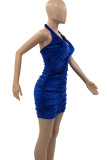 ブルーのセクシーなソリッドパッチワークフォールドホルターラップスカートドレス