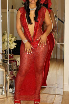 Красные сексуальные однотонные лоскутные прозрачные длинные платья с открытой спиной и V-образным вырезом
