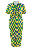 Green Sweet Print Patchwork Buckle Cardigan Collar Printed Plus Size Dresses