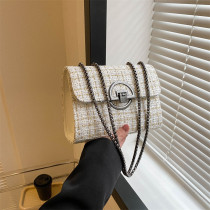 クリームホワイトセレブエレガントチェック柄メタルアクセサリー装飾コントラスト織りバッグ