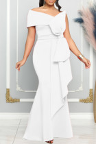 ホワイトセレブソリッドパッチワークリボン斜め襟ロングドレス