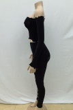 Black Sexy Hollowed Out Patchwork Long Sleeve Two Pieces Off the Shoulder Crop Tops And Skinny Pants Sets