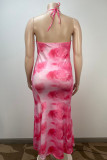 Roze beroemdheden print bandage patchwork rugloze halter trompet zeemeermin plus size jurken