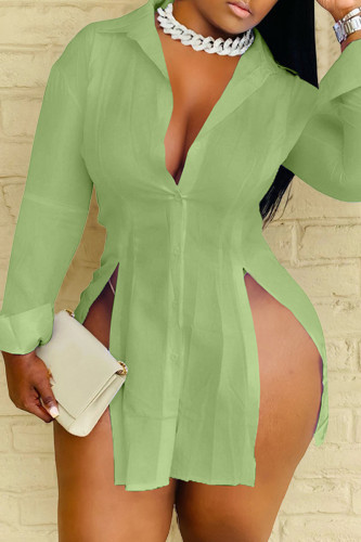Green Casual Solid Slit Shirt Collar Long Sleeve Dresses
