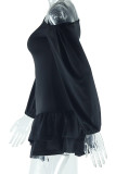 Schwarze Street Solid Patchwork-Kleider mit schrägem Kragen und langen Ärmeln