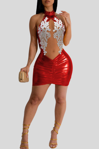 Red Sexy Solid Patchwork See-through Mesh O Neck Wrapped Skirt Dresses
