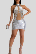 Silver Sexig Solid Patchwork Genomskinlig Mesh O-hals omslagna kjolklänningar