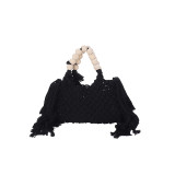 Black Daily Striped Patchwork Solid Tassel Patchwork Zipper Weave Bags