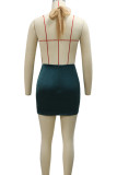 グリーン セクシー ソリッド 刺繍 パッチワーク シースルー V ネック ラップ スカート ドレス