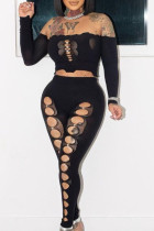 Black Sexy Hollowed Out Patchwork Long Sleeve Two Pieces Off the Shoulder Crop Tops And Skinny Pants Sets