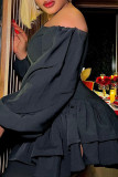 Black Street Solid Patchwork Oblique Collar Long Sleeve Dresses