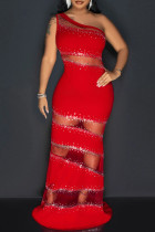 Rode sexy effen patchwork doorzichtige lange jurken met schuine kraag