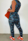 Blauer Street-Camouflage-Print, ausgehöhlter Patchwork-Boot-Ausschnitt, ärmellos, zweiteilig