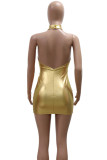 Vestidos de falda envueltos con cuello en O de malla transparente de retazos lisos sexy dorados
