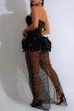 黒のセクシーな固体パッチワーク シースルー メッシュ花ストラップレス ロング ドレス