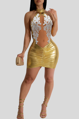 Goldfarbene, sexy, einfarbige Patchwork-Kleider mit durchsichtigem Mesh und O-Ausschnitt und Wickelrock