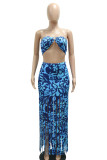Blue Casual Print Tassel Hollowed Out Patchwork Strapless Two Pieces
