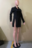 Black Casual Solid Slit Shirt Collar Long Sleeve Dresses