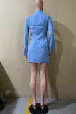 Sky Blue Casual Solid Slit Shirt Collar Long Sleeve Dresses