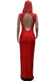 Rode sexy effen patchwork doorzichtige lange jurken met V-hals zonder rug
