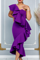 Robes de sirène trompette à col oblique à volants en patchwork solide élégant violet