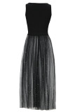 Zwarte elegante stippen patchwork doorzichtige mesh lange jurken met U-hals