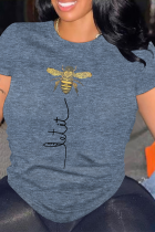 Dunkelblaues, lässiges Patchwork-T-Shirt mit O-Ausschnitt