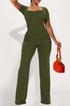 Армейский Зеленый Повседневная Однотонный Пэчворк Квадратный воротник С короткими рукавами Из двух предметов