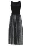Zwarte elegante stippen patchwork doorzichtige mesh lange jurken met U-hals